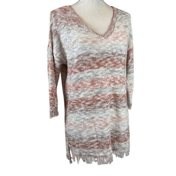 Natural Reflections Lightweight Fringe Sweater V-Neck Rust Tan Cream Size Medium - Picture 1 of 12